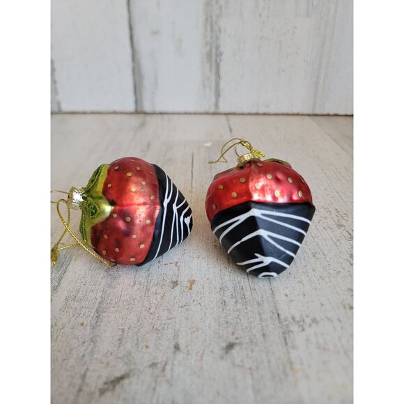 Chocolate covered strawberries blown glass Valentine's glitter ornament Xmas set - Picture 1 of 6